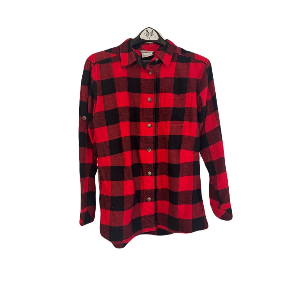 Columbia Holly Hideaway Womens Red Black Buffalo Plaid Flannel Roll Tab Medium